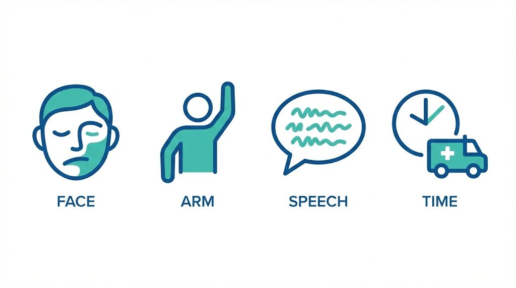 脳卒中の兆候「FAST」（FACE：顔の麻痺、ARM：腕の麻痺、SPEECH：言葉の障害、TIME：発症時刻の確認）を示す医療アイコンセット