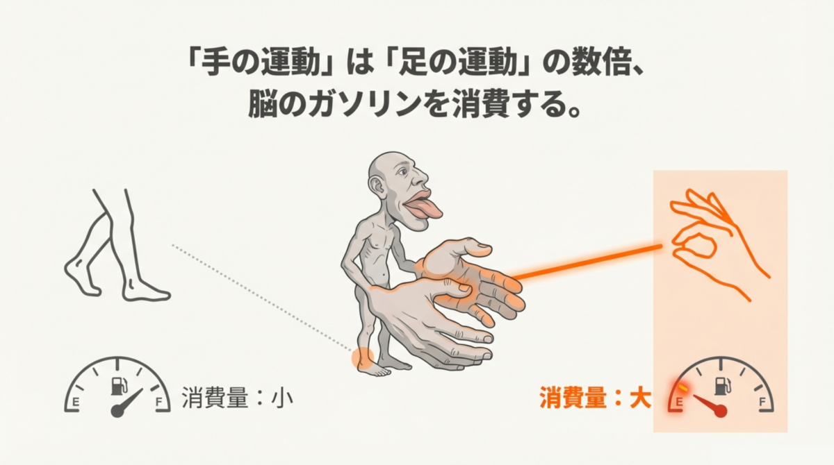 ペンフィールドの脳地図(運動野のホムンクルス)。足や胴体に比べて、手と指先の領域が極端に大きく描かれており、脳のエネルギー消費が大きいことを示す図。