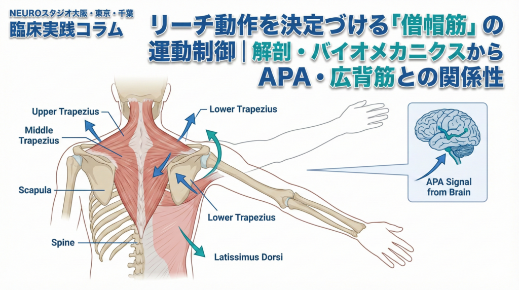 リーチ動作を決定づける「僧帽筋」の運動制御｜解剖・バイオメカニクスからAPA・広背筋との関係性